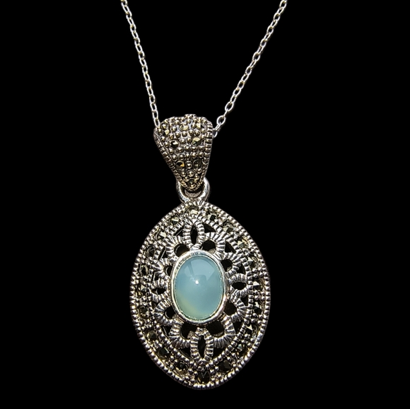 Addison Lane Jewelry - Aqua Chalcedony, Marcasite and Sterling Silver Embellished Pendant Necklace